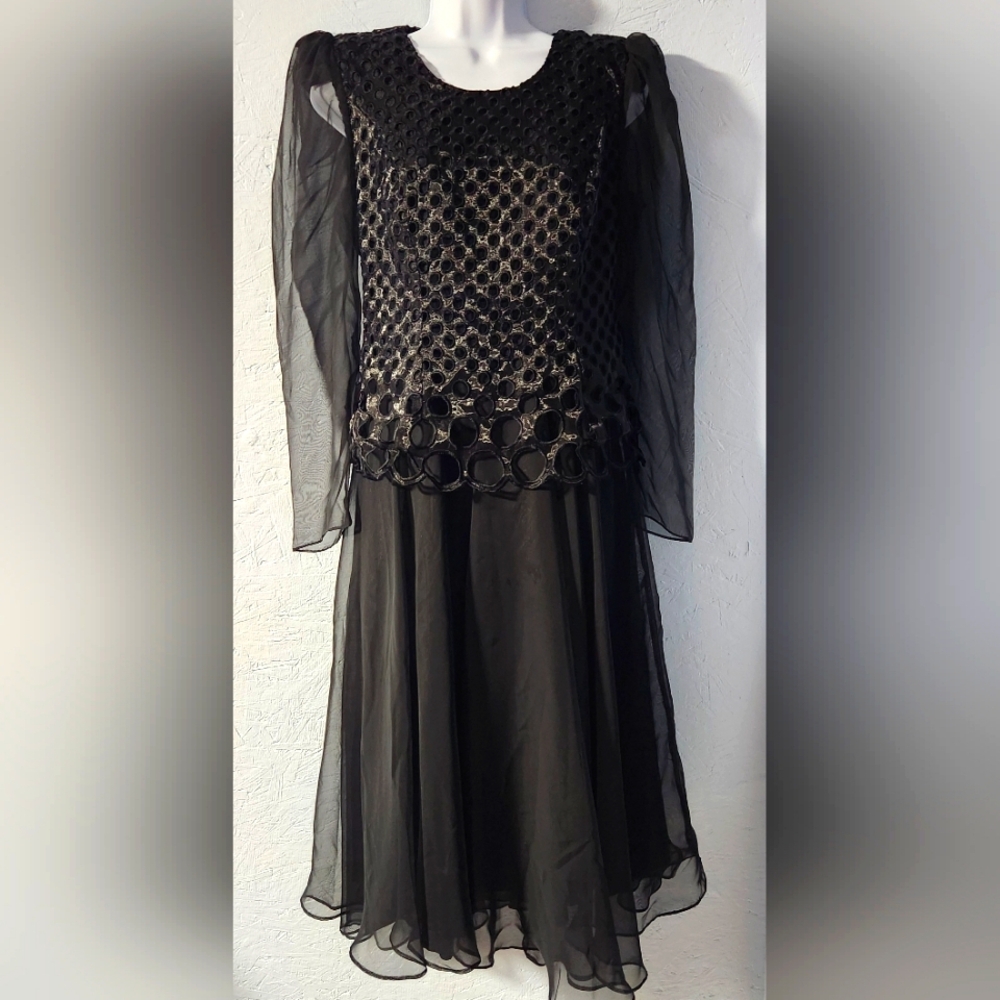 Vintage 1980s Kitty Long-Sleeve Black Formal Dress - Women's Medium